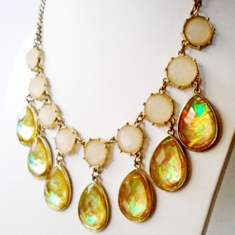 White Iridescent Lucite Necklace, Vintage Cut Resin Pear Dangle Necklace
